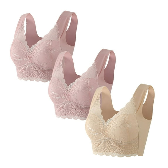 Lmnyox Women's Wireless Lace Bra Breathable Full Coverage Push Up Bralettes Comfort Plus Size Everyday Bra 3 Pack
