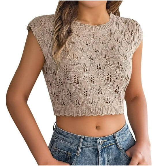Lmnyox Womens Knit Tank Tops Crochet Hollow Out Crop Tops Cap Sleeve Crew Neck Summer Fashion Tee 2025 Trendy