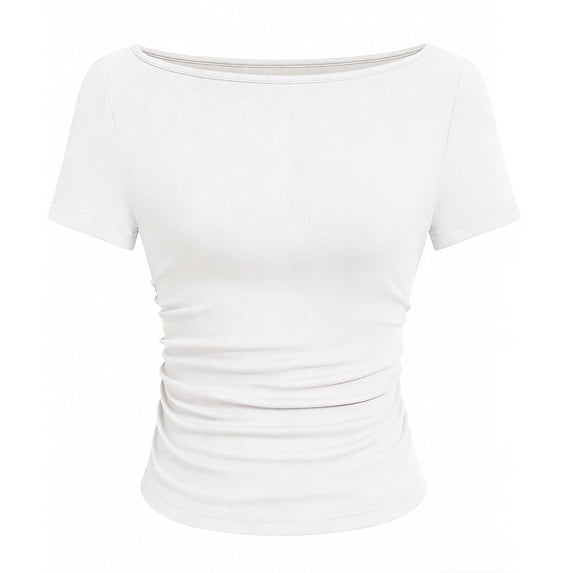 Lmnyox Womens Short Sleeve Shirt Slim Fashion Boat Neck Solid T Shirt Summer Trendy Side Ruched Going Out Tops