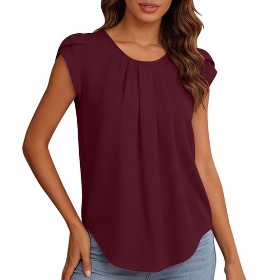 Lmnyox Womens Summer Tops Dressy Fashion Pleated Cap Sleeve Round Neck Shirts Business Casual Solid Work Blouses