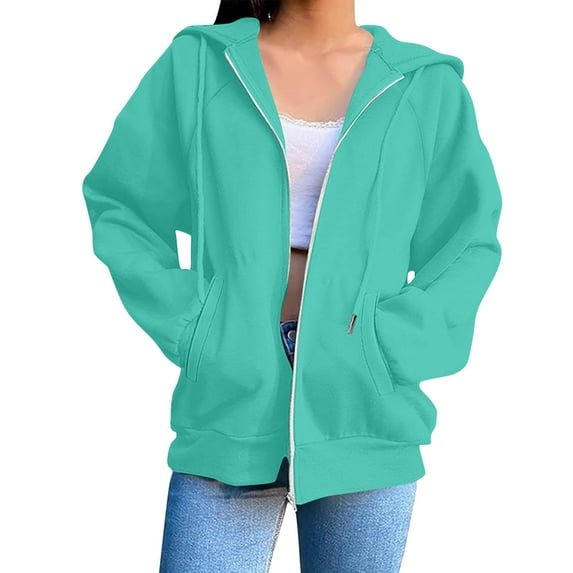 Lmnyox Zip Up Hoodies for Women Lightweight Solid Hooded Jacket with Pocket Loose Drawstring Sweatshirt Outerwear