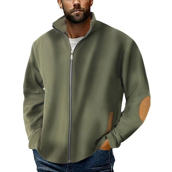 Lmnyox Zip Up Jacket for Men Casual Fashion Long Sleeve Stand Collar Jacket Solid Classic Texture Jacket