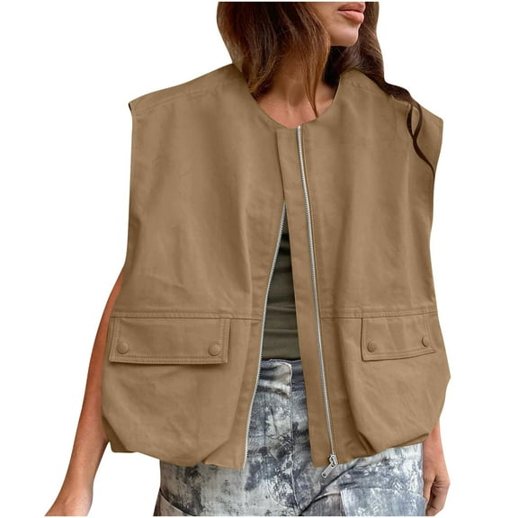 Lmnyox Zip Up Vest Jacket for Women Casual Loose Sleeveless Vest Outerwear Fall Fashion Solid Vest Outerwear