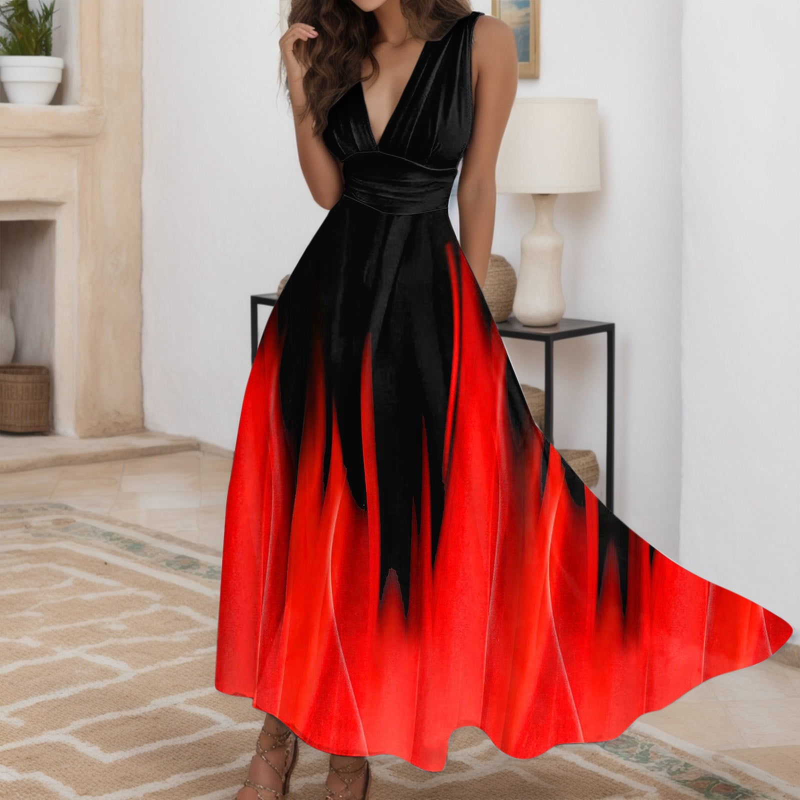 Lmtime Hawaiian Dresses for Women Loose Flowy Swing A Line Floral Print V Neck Sundress Sleeveless Beach Boho Sun Dress Plus Size Elegant Long Maxi Midi Trendy Dress Red S Walmart