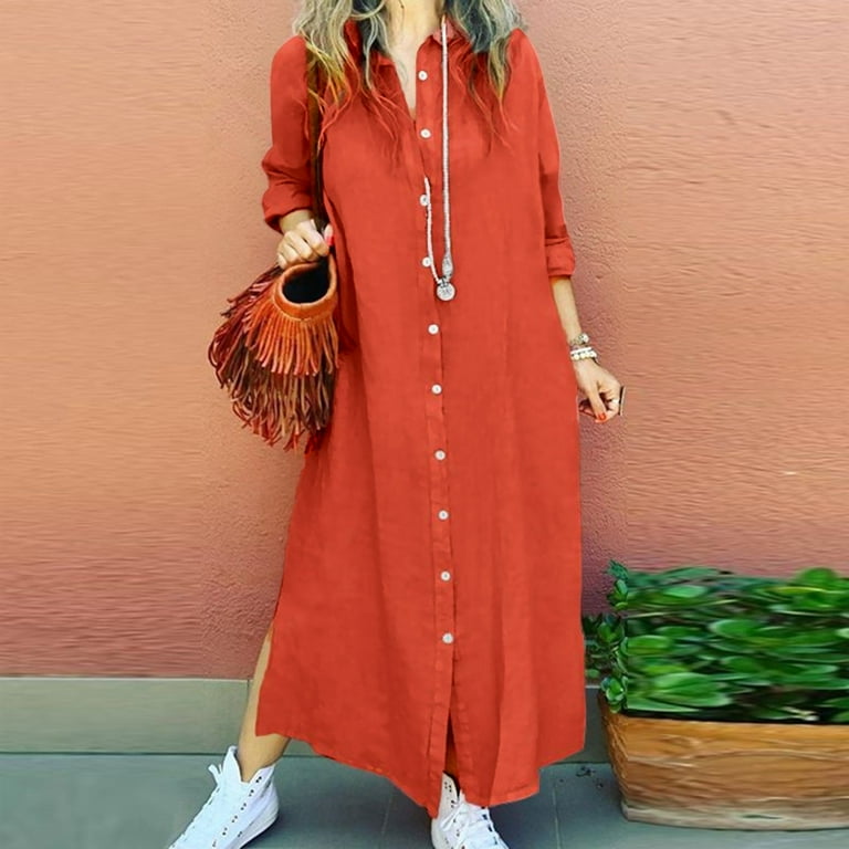 Maxi linen summer buttoned solid casual shirt dresses clearance