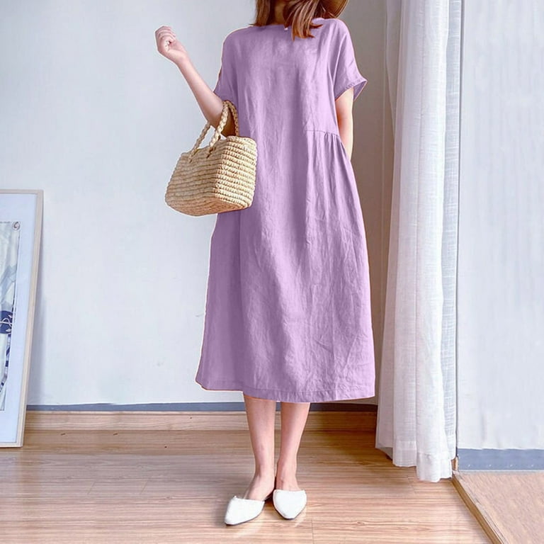 Lmtime Summer Dresses Casual Loose Linen Beach Solid Color Flowy