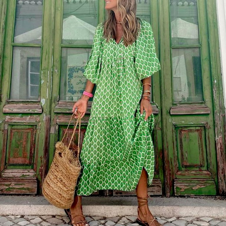 Lmtime Summer Dresses for Women 2023 Casual Bohemian Print Dress V Neck Flowy Swing Long Sleeve Maxi Boho Vacation Dress Mint Green S