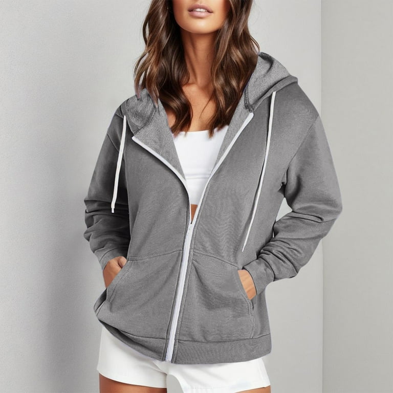 Lmtime Women Zip Up Hoodie Jacket with Zipper Teen Girls Hoodie Jacket with Sweatshirt Solid Color Sweatshirt Coat for Women Grey S Walmart