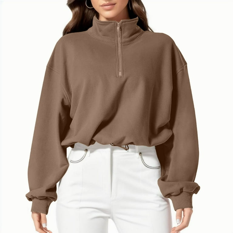 Lmtime Women's Half Zip Crop Sweatshirt Workout Crop Tops Hoodies Sweatshirts Hoodie High Neck Long Sleeve Clothes Coffee XL