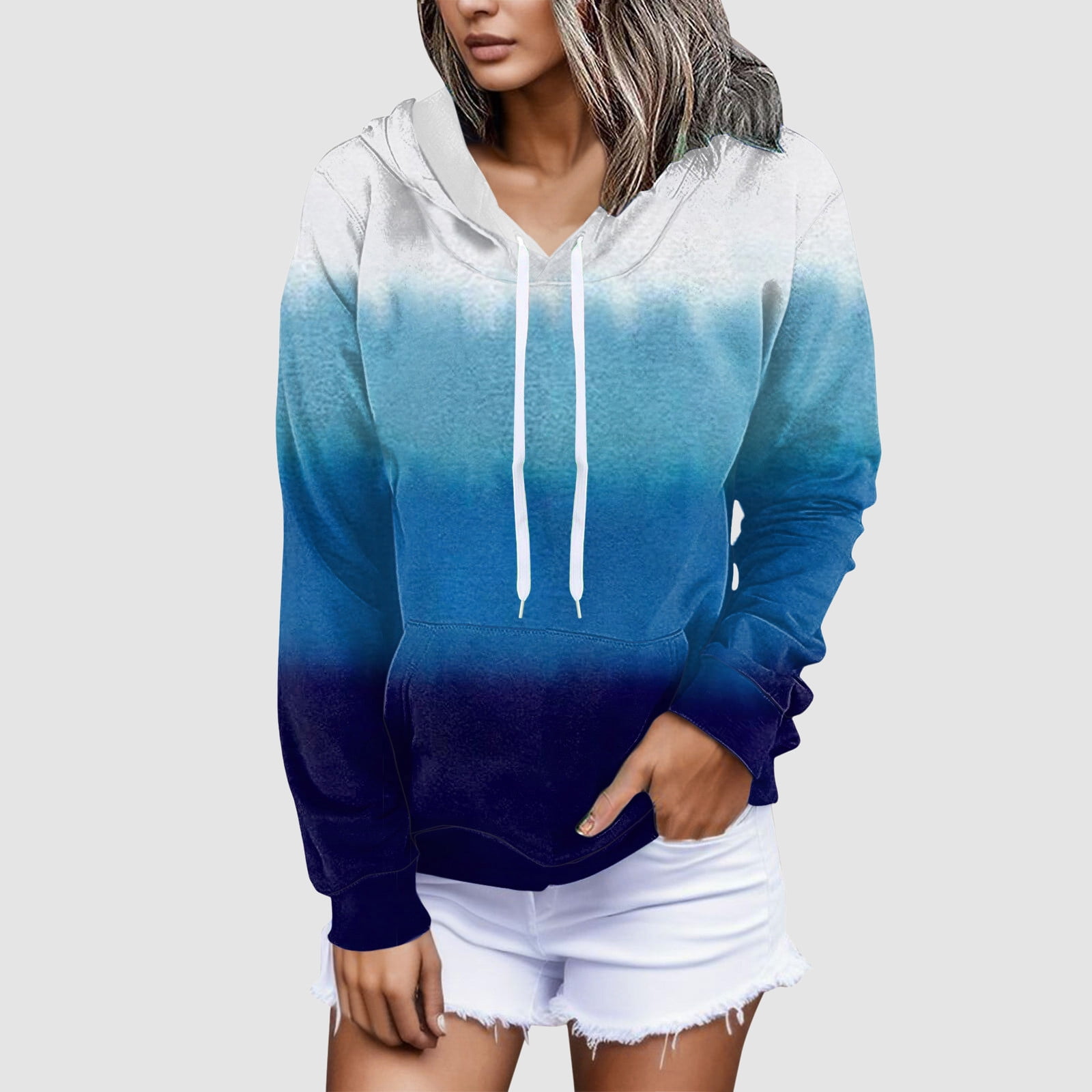 Pocket Blue Sweatshirt Casual Loose Women\' s Sweatshirts Hoodie M Solid Tie Tops Ombre with Sleeve Long Dye Color Pullover Lmtime Blouse
