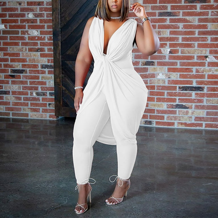 Lmtime Women s Summer Casual Loose Sleeveless Outfits Long Romper Pants Office Solid Color Plus Size Jumpsuit White S Walmart