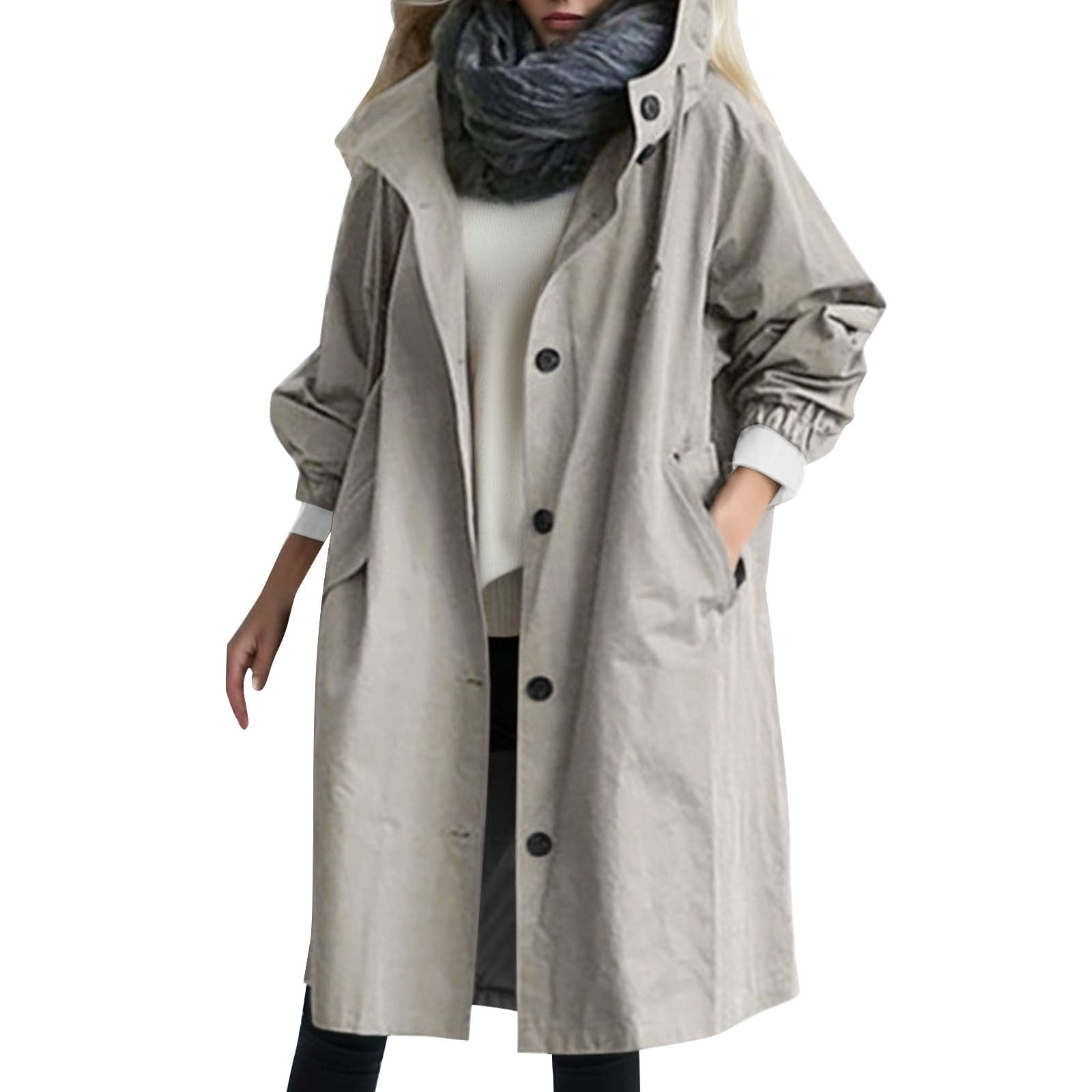 Lmtime Women's Trench Coat Plus Size Lightweight Overcoat Trench Coat with  Hood Windbreaker Jacket Pockets Outerwear Coat Grey XXXXL