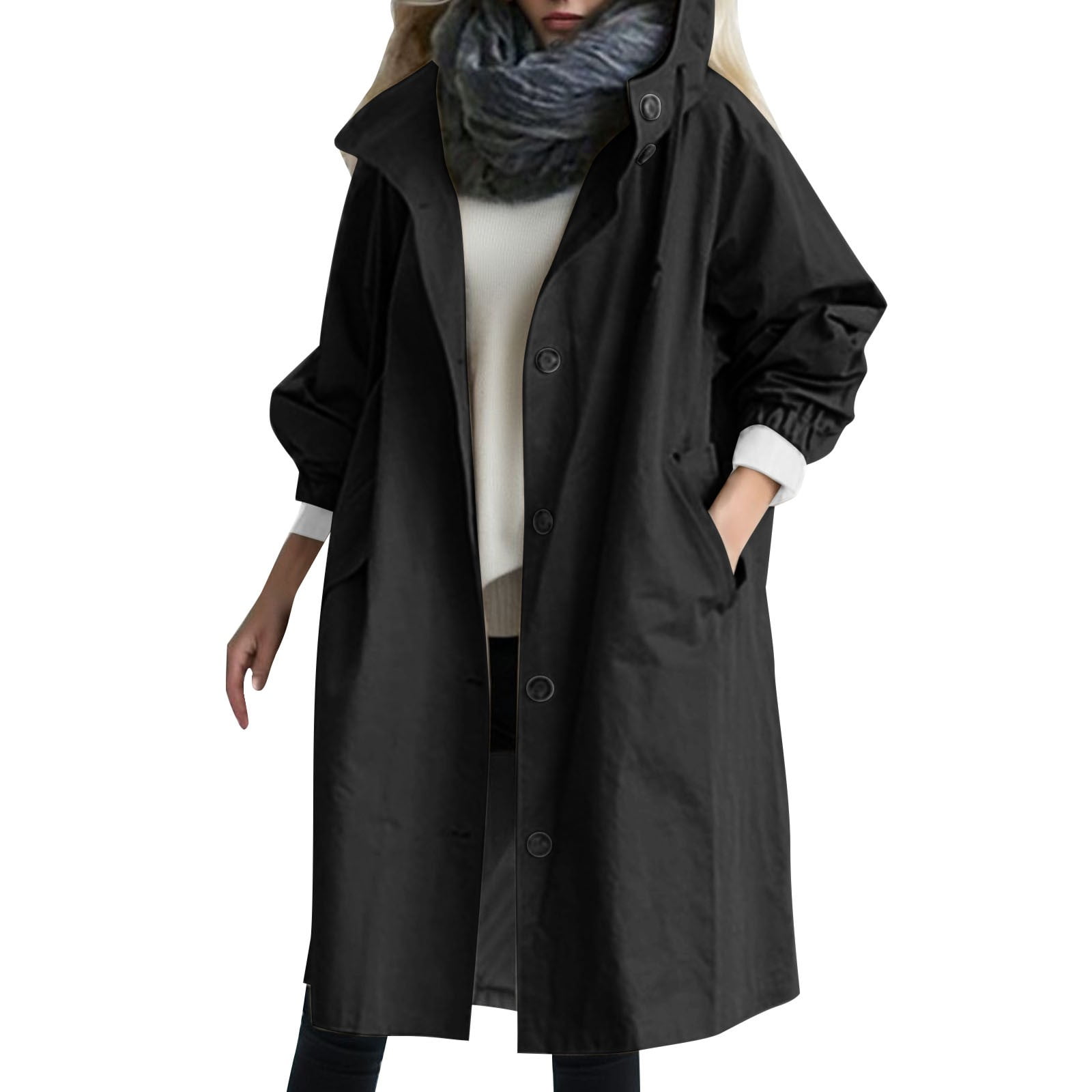Lmtime Womens Long Trench Coat with Hood Lightweight Outdoor Plus Size Hooded Loose Oversized Pockets Outwear Coats Black L