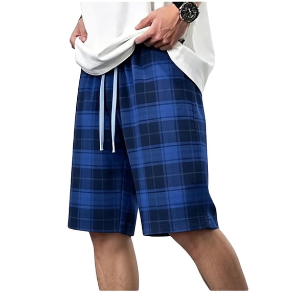 Lmueinov 2026 Men's Plaid Elastic Waist Casual Shorts, 100% Polyester Loose Fit Drawstring Shorts with Pockets, Summer Lounge Daily Wear XS-2XL