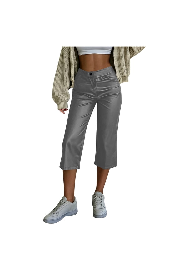 2026 Women's Button Fly High Waist Faux Leather Wide Leg Capri Pants, Sleek Stretchy Casual Cropped Trousers with Pockets for Daily Streetwear Party S-XXL