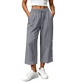 thumbnail image 1 of Lmueinov 2026 Women's Drawstring Elastic High Waist Cotton Linen Cropped Wide Leg Pants, Side Button Decor Loose Capri Casual Trousers Summer Daily Vacation Wear S-XXL, 1 of 6