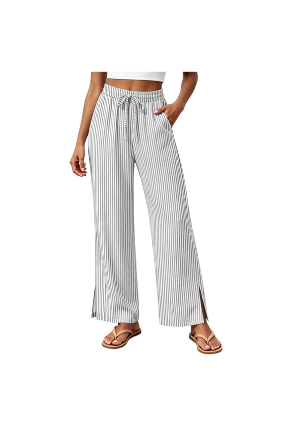 2026 Women's Drawstring Elastic High Waist Vertical Striped Side Split Wide Leg Pants, 95% Polyester 5% Spandex Stretchy Soft Casual Flowy Long Trousers with Pockets S-3XL