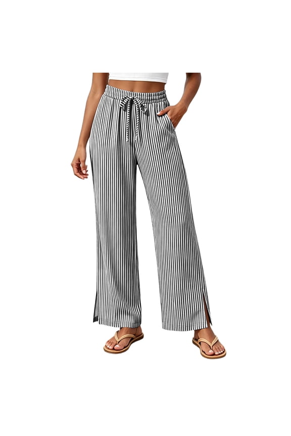 2026 Women's Drawstring Elastic High Waist Vertical Striped Side Split Wide Leg Pants, 95% Polyester 5% Spandex Stretchy Soft Casual Flowy Long Trousers with Pockets S-3XL