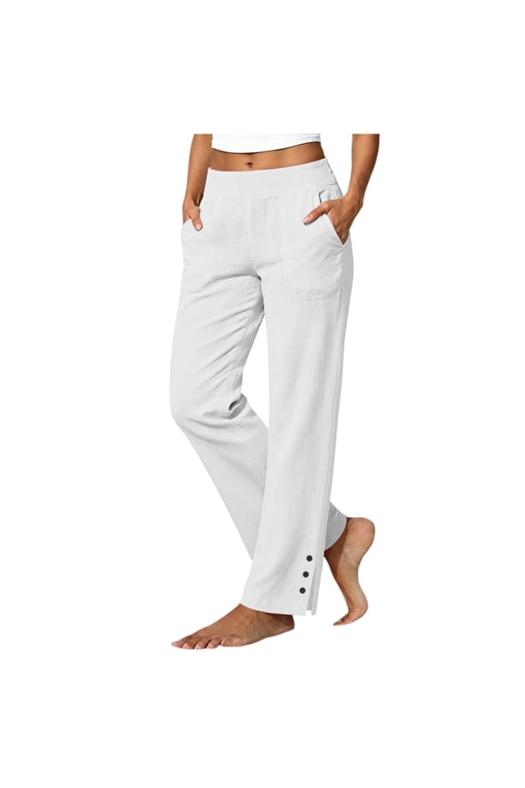 2026 Women's Elastic Waist Cotton Linen Straight Leg Pants, Side Pockets Button Split Hem Breathable Loose Casual Daily Vacation Lounge Trousers S-2XL