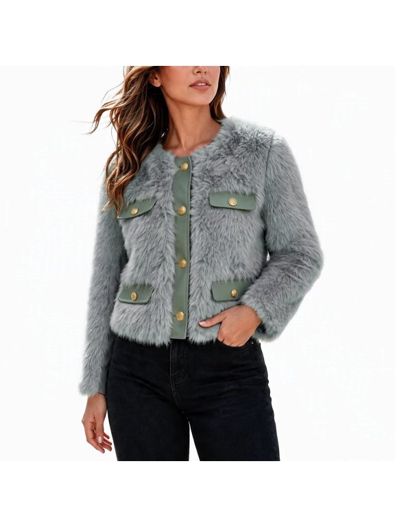 2026 Women's Faux Fur Cropped Shacket Collared Contrast Trim Winter Warm Short Plush Dressy Casual Pocket Detail Button Jacket, XS-XL