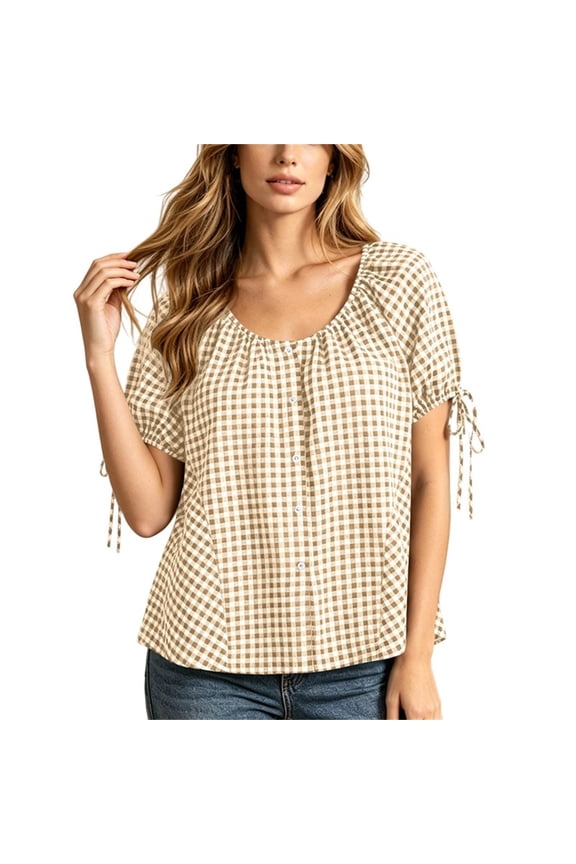 2026 Women's Gingham Plaid Tie Sleeve Scoop Neck Blouse, Button Front Loose Casual Daily Top S-2XL