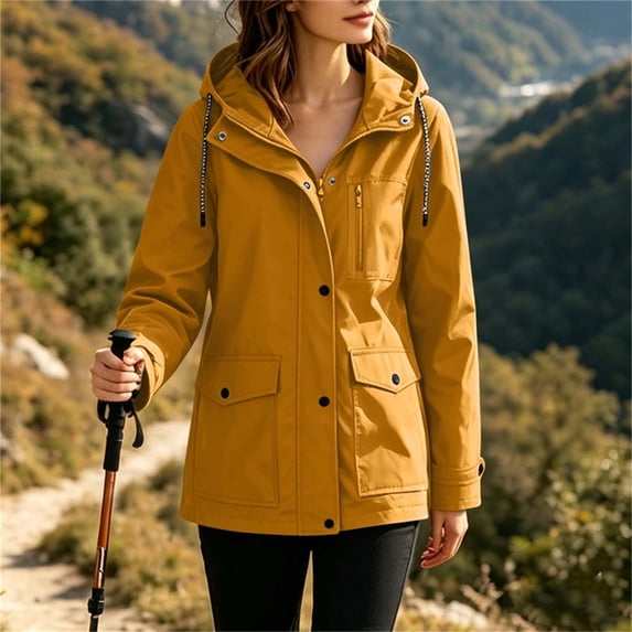 Lmueinov 2026 Women's Hooded Snap Zip Windbreaker Jacket, Multi-Pocket Water Resistant Mid-Length Outdoor Hiking Casual Coat S-XXL