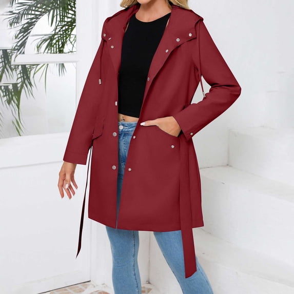 Lmueinov 2026 Women's Hooded Waist Belted Trench Coat, Single Breasted Mid-Length Windproof Jacket with Pockets Casual Slim Outdoor Outerwear S-XXXL