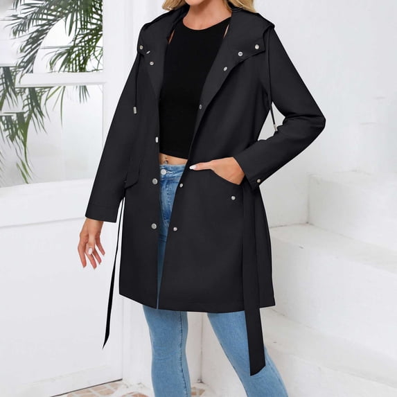 Lmueinov 2026 Women's Hooded Waist Belted Trench Coat, Single Breasted Mid-Length Windproof Jacket with Pockets Casual Slim Outdoor Outerwear S-XXXL