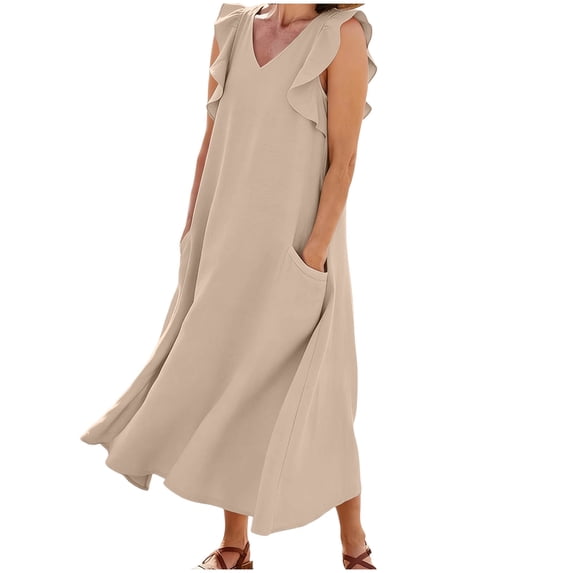 Lmueinov 2026 Women's V Neck Ruffle Cap Sleeve Cotton Maxi Dress, 100% Pure Cotton Loose Fit Side Pockets Casual Vacation Flowy Long Dress S-2XL