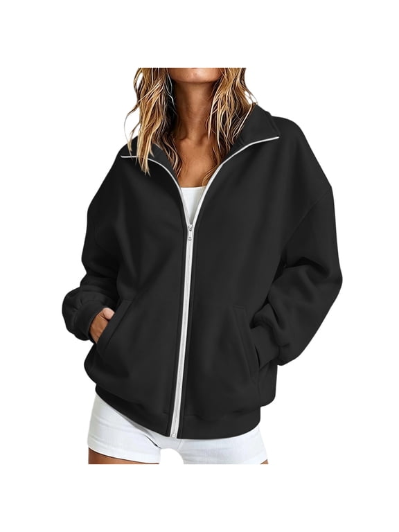 Zip Up Jackets for Women Collared Side Pockets Drop Shoulder Long Sleeve Soft Brushed Fleece Loose Fit Fall Winter Sweatshirt Jacket, S-XXL