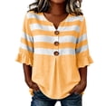 thumbnail image 1 of Lmueinov 3/4 Length Sleeve Tops for Women 100% Cotton Striped Ruffle Sleeve Breathable Shirts V-Neck Casual Summer Pullover Tops for Daily Vacation, 1 of 5