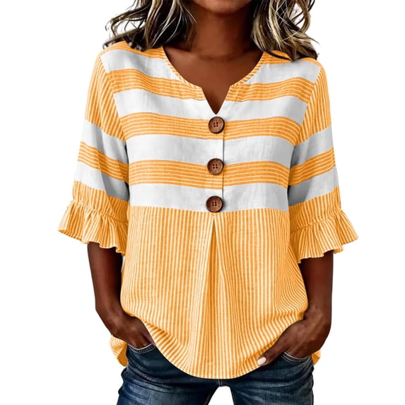 Lmueinov 3/4 Length Sleeve Tops for Women 100% Cotton Striped Ruffle Sleeve Breathable Shirts V-Neck Casual Summer Pullover Tops for Daily Vacation
