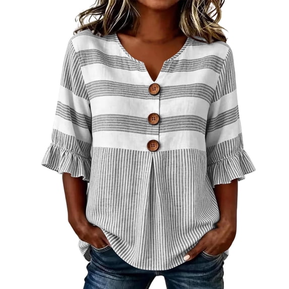 Lmueinov 3/4 Length Sleeve Tops for Women 100% Cotton Striped Ruffle Sleeve Breathable Shirts V-Neck Casual Summer Pullover Tops for Daily Vacation