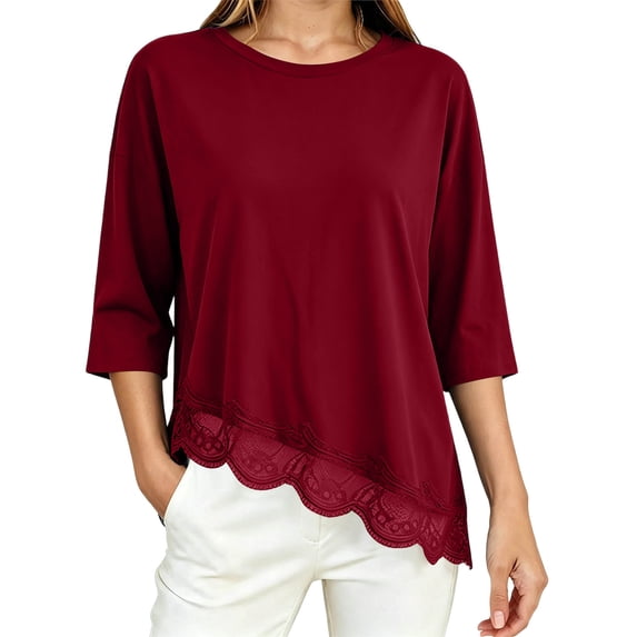 Lmueinov 3/4 Length Sleeve Womens Tops Crew Neck Lace Scalloped Hem Casual Shirts Solid Loose Fit Blouses Summer Fall Vacation Outfits