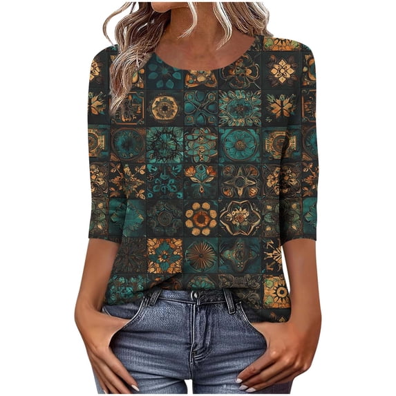 Lmueinov 3/4 Length Sleeve Womens Tops Vintage Print Loose Fit Casual Boho Tops Crew Neck Flowy T-Shirts Vacation Outfits for Women Summer Fall Travel