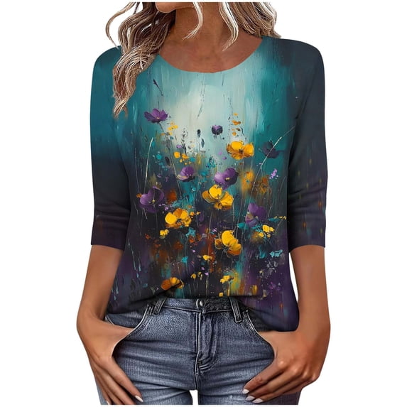 Lmueinov 3/4 Length Sleeve Womens Tops Vintage Print Loose Fit Casual Boho Tops Crew Neck Flowy T-Shirts Vacation Outfits for Women Summer Fall Travel