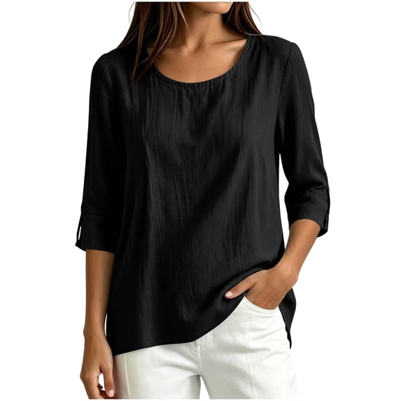 Lmueinov 3/4 Sleeve Length Tops for Women 100%Cotton Solid Crew Neck Casual Tunic Shirts Lightweight Pullover Blouses for Summer Fall Daily Vacation