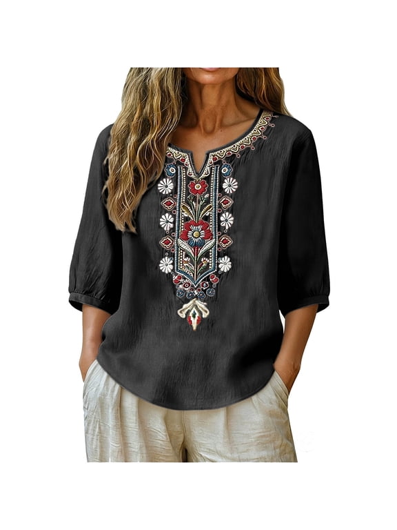 3/4 Sleeve Tops for Women Boho Plus Size Cotton Linen Tunic Tops with Floral Embroidered Lightweight V-Neck Shirts for Women Fall Blouses