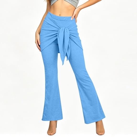 Lmueinov Bell Bottom Pants for Women Elastic Waist Tie Front Flare Pants Solid Color Slim Fit Trousers Fashion Casual Wrap Waist Pants for Vacation Everyday Wear
