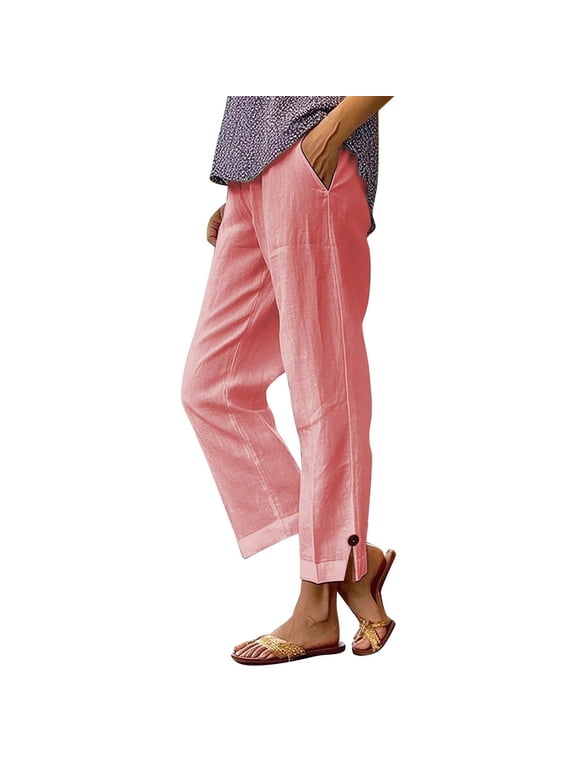 Cotton Linen Pants for Women Elastic Waist Straight Leg Casual Lightweight Trousers with Split Hem Button Detail for Summer and Fall