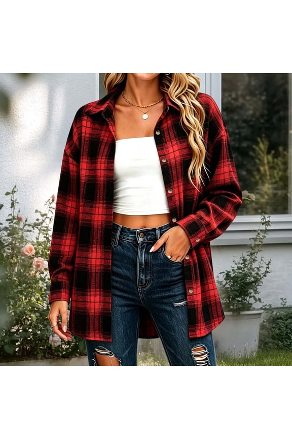 Flannel Shirts for Women Oversized Long Sleeve Womens Plaid Button Down Shirt Shacket Jacket Fall Fashion Blouses Top