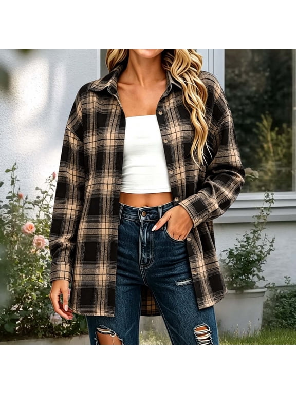 Flannel Shirts for Women Oversized Long Sleeve Womens Plaid Button Down Shirt Shacket Jacket Fall Fashion Blouses Top