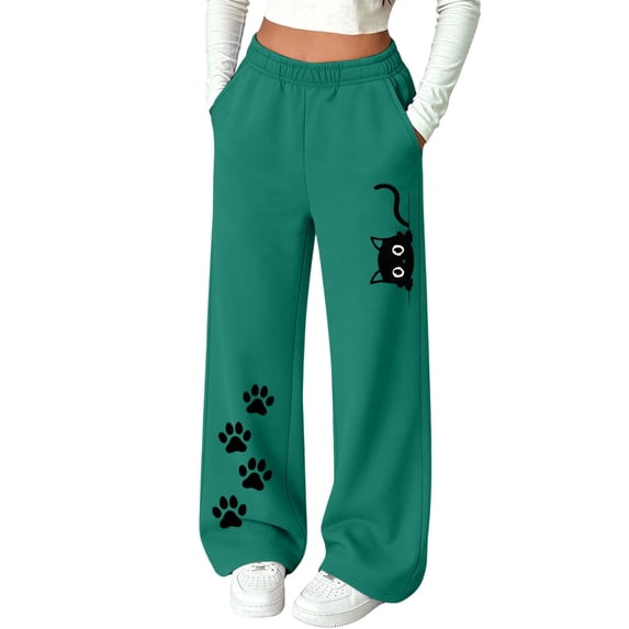 Lmueinov Girls Print Sweatpants with Pockets Soft Warm Fleece Lined Elastic Waist Straight Leg Pants for Kids Girls Fall Casual Workout Trousers