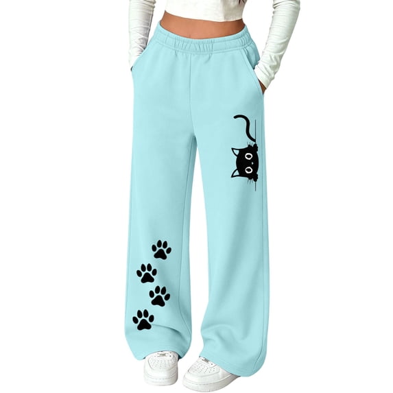 Lmueinov Girls Print Sweatpants with Pockets Soft Warm Fleece Lined Elastic Waist Straight Leg Pants for Kids Girls Fall Casual Workout Trousers