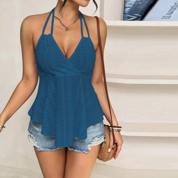 Lmueinov Halter Tank Tops for Women Sleeveless Ruffle Hem Cami,Backless Tank for Summer Going Out Vacation Wear