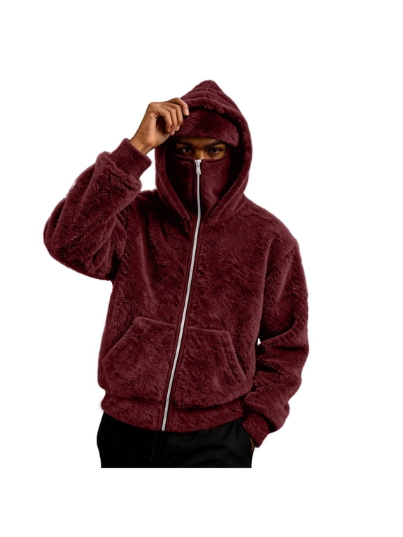 Jackets for Men Casual Fleece Zip Up Hoodie Jacket with Built‑in Face Mask Long Sleeve Hooded Coat with Pockets Loose Fall Winter Outerwear