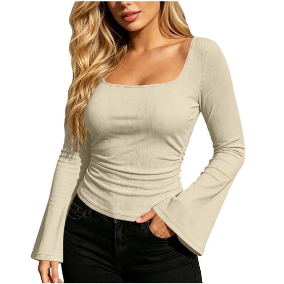 Lmueinov Long Bell Sleeve Shirts for Women Square Neck Ribbed Knit Casual Tops Slim Fitted Going Out Blouse Fall Winter Trendy Layer Clothes