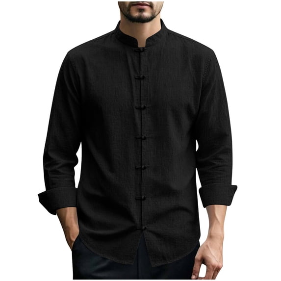 Lmueinov Long Sleeve Shirts for Men Stand Collar Cotton Linen Tops Casual Lightweight Button Down Shirts for Men Summer Fall Daily Vacation Outfits