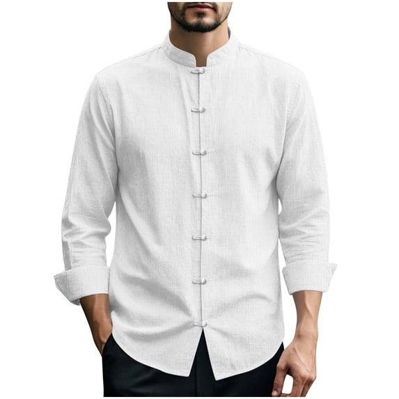 Lmueinov Long Sleeve Shirts for Men Stand Collar Cotton Linen Tops Casual Lightweight Button Down Shirts for Men Summer Fall Daily Vacation Outfits