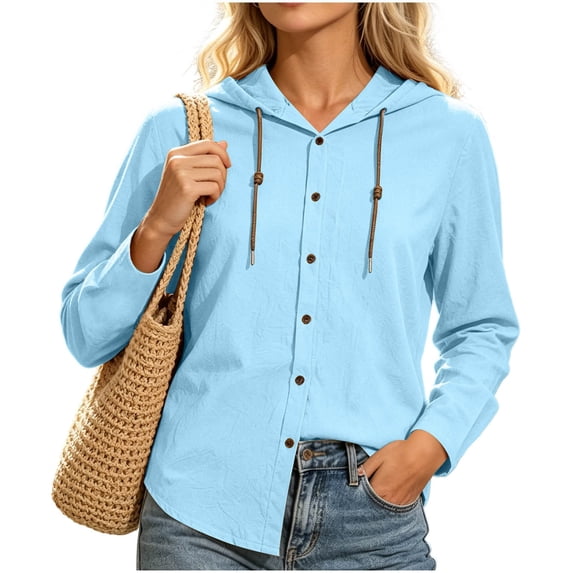 Lmueinov Long Sleeve Shirts for Women 100% Cotton Button Down Drawstring Hooded Shirts Solid Casual Lightweight Going Out Tops for Summer Fall Travel
